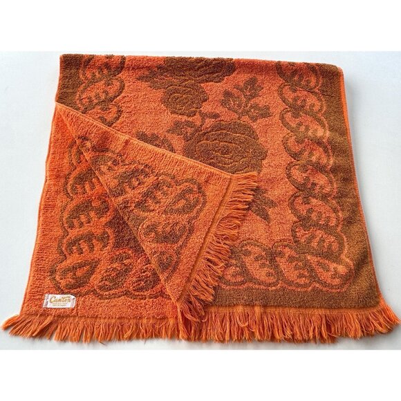 Vintage 70s small bath towel, orange & brown, plush, reversible, fringed - Picture 1 of 9